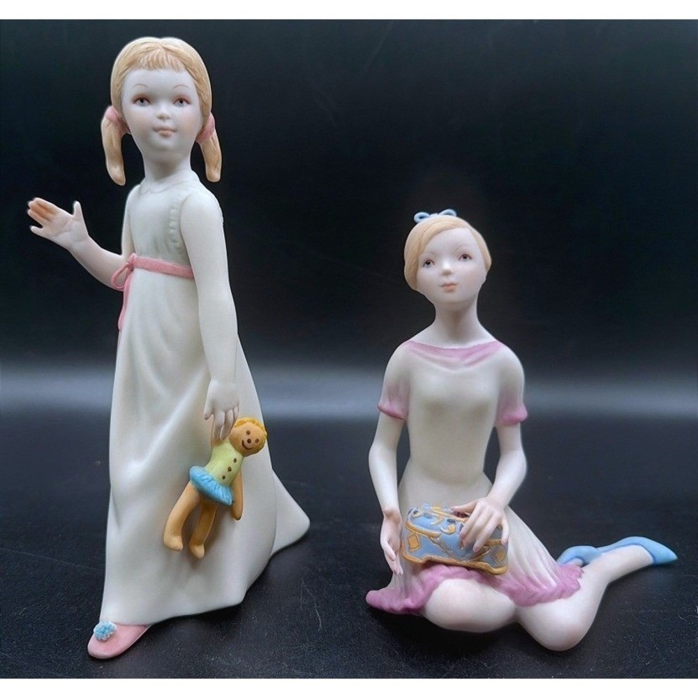 Complementing Pair CYBIS Porcelain Figurines Young Girls Pink Ribbons Signed